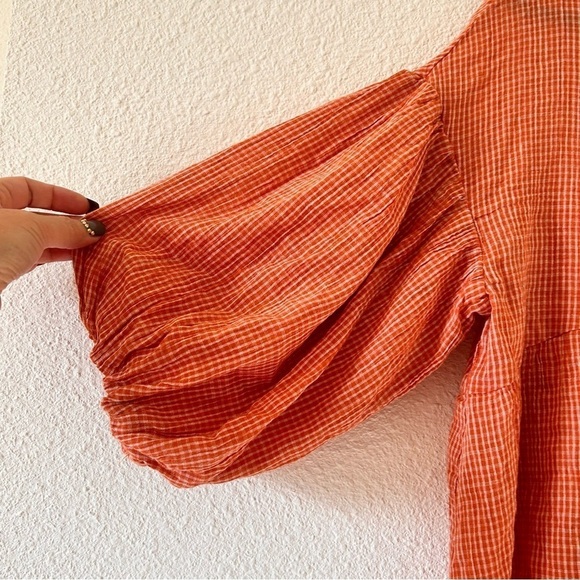 ON BLUE Women Small Boho Bell Sleeve Button Up Cottage Core Oversized Gingham - Picture 4 of 13